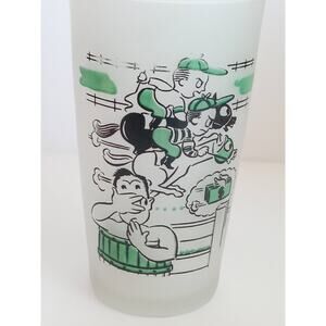 Vtg Novelty Frosted Tumbler Green & Black Horse Race Track CartoonHand Painted
